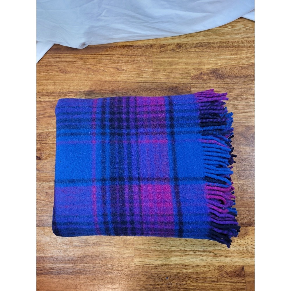 Vtge FOXFORD PROVIDENCE BLUE Pink PLAID WOOL BLANKET MADE IN IRELAND  58" X 70"